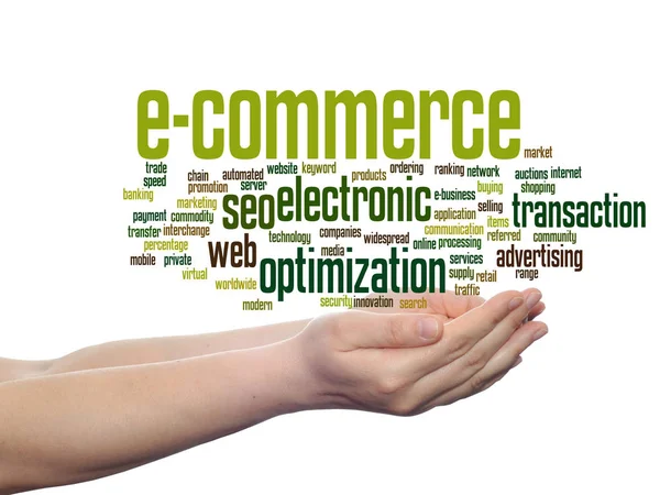 Concept or conceptual E-commerce electronic sales abstract word cloud in hands isolated on background