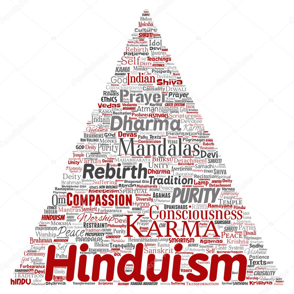 Conceptual hinduism, shiva, rama, yoga triangle arrow red word cloud isolated background. Collage of mandalas, samsara, celebration, tradition, peace, compassion, rebirth, karma, dharma concept