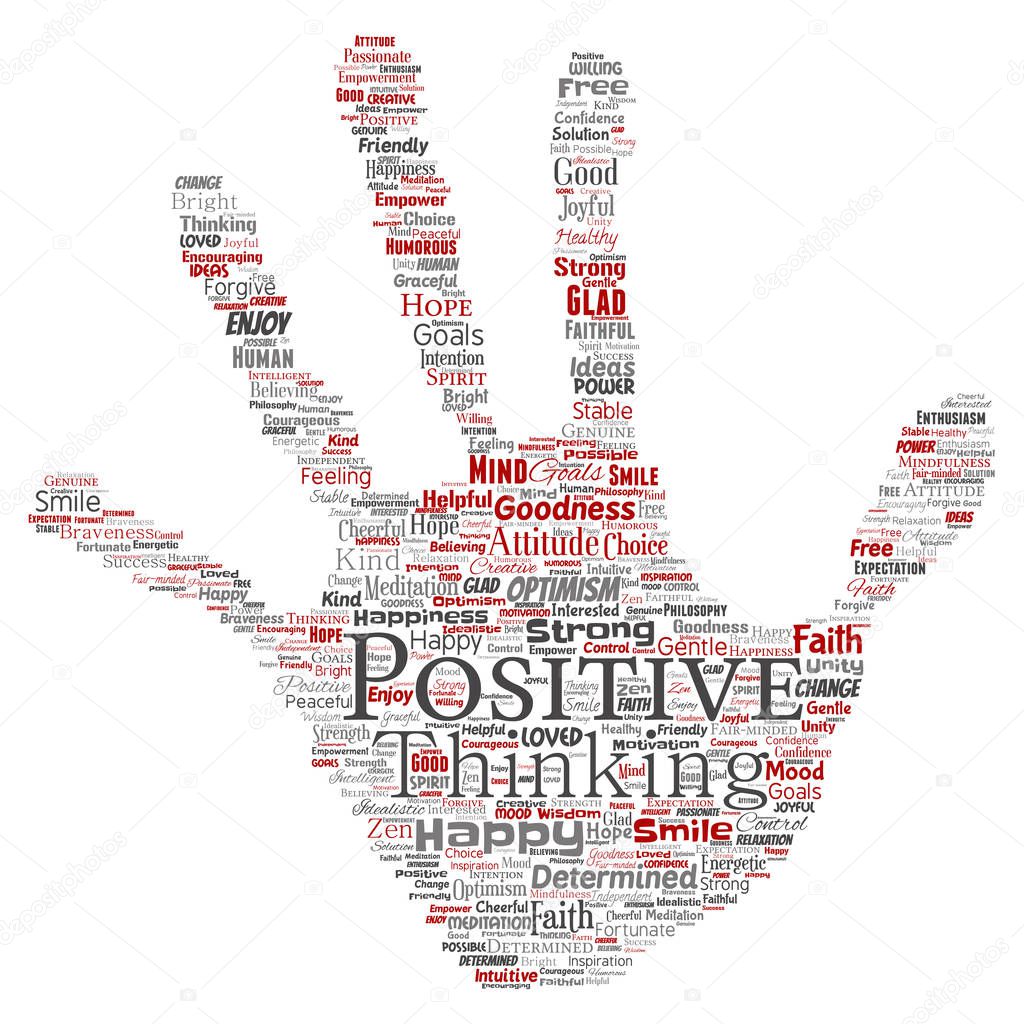 Conceptual positive thinking, happy strong attitude hand print stamp word cloud isolated on background. Collage of optimism smile, faith, courageous goals, goodness or happiness inspiration