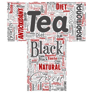 Kavramsal yeşil veya siyah çay içecek kültür mektup yazı tipi kırmızı doğal lezzet vektör, çeşitli kelime izole bulut arka plan tadını. Geleneksel tıp sağlık ya da diyet parası kavramı kolaj