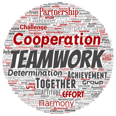 Vektör kavramsal ekip çalışması yönetimi yuvarlak daire kırmızı ortaklık fikri, başarı hedefi word cloud izole arka plan. Kolaj bir iş stratejisi olarak grup işbirliği çözüm ya da takım konsept tasarımı