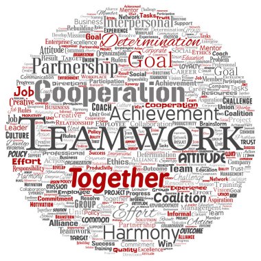 Vektör kavramsal ekip çalışması yönetimi yuvarlak daire kırmızı ortaklık fikri, başarı hedefi word cloud izole arka plan. Kolaj bir iş stratejisi olarak grup işbirliği çözüm ya da takım konsept tasarımı