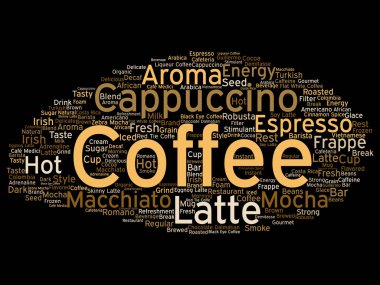 İtalyan kahve molası, cappuccino veya espresso restoran veya kafeterya soyut içecek kelime izole üzerinde arka plan bulut vektör kavramsal yaratıcı sıcak sabah. Bir enerji ya da tat içecek konsepti metin