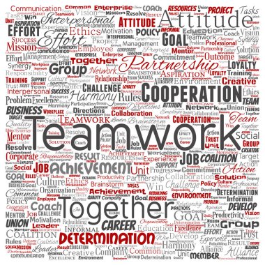 Kavramsal ekip çalışması yönetimi kare kırmızı ortaklık fikri veya başarı hedef sözcük vektör izole arka plan bulut. Kolaj bir iş stratejisi olarak grup işbirliği çözüm ya da takım konsept tasarımı