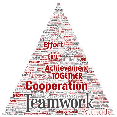 Vektör kavramsal ekip çalışması yönetimi üçgen ok kırmızı ortaklık fikri, arka plan başarı hedefi kelime bulutu izole. Kolaj iş stratejisi, işbirliği çözüm ya da takım kavramı tasarım grubu