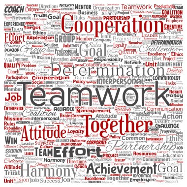 Kavramsal ekip çalışması yönetimi kare kırmızı ortaklık fikri veya başarı hedef sözcük vektör izole arka plan bulut. Kolaj bir iş stratejisi olarak grup işbirliği çözüm ya da takım konsept tasarımı