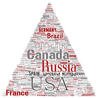 Vektör kavramsal dünya ülke ya da kıta üçgen kırmızı ok küresel birlik, tatil seyahat kelime bulutu arka plan izole. Uluslararası ulus coğrafya eğitim veya Turizm kavramı kolaj