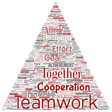 Vektör kavramsal ekip çalışması yönetimi üçgen ok kırmızı ortaklık fikri, arka plan başarı hedefi kelime bulutu izole. Kolaj iş stratejisi, işbirliği çözüm ya da takım kavramı tasarım grubu