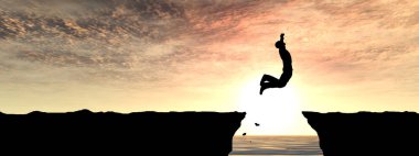 Kavram ya da kavramsal 3d resimde genç adam ya da işadamı siluet atlamak mutlu uçurumun üzerinden su gap gündoğumu veya günbatımı gökyüzü arka plan afiş