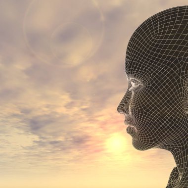 Kavram ya da kavramsal 3d illüstrasyon soyut tel kafes genç insan erkek ya da kadın kafası, günbatımı gökyüzü arka plan