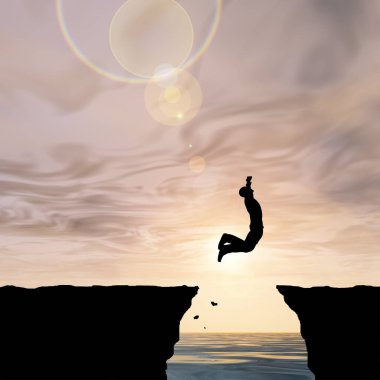 Kavram ya da kavramsal 3d resimde genç adam ya da işadamı siluet atlamak mutlu uçurumun üzerinden su gap gündoğumu veya günbatımı gökyüzü arka plan