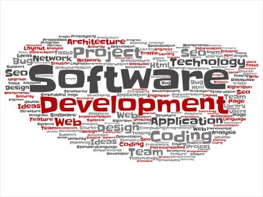 Kavram ya da kavramsal yazılım geliştirme projesi teknoloji soyut kelime bulutu kodlama arka plan izole. Uygulama web tasarım, seo fikir, uygulama, test yükseltme metin kolaj