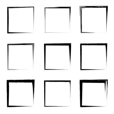 Koleksiyon veya sanatsal siyah boya el kümesi yaratıcı grungy fırça konturu kare kare veya beyaz arka plan üzerinde izole sınırları yaptı. Bir grunge eğitim kroki soyut yaratıcı mürekkep tasarım