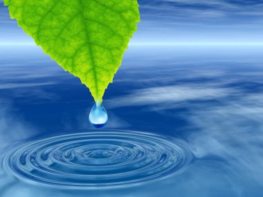 Kavram ya da kavramsal temiz kaynak suyu veya çiğ bırakın dalgalar yapma 3d illüstrasyon mavi temiz su üzerinde yeşil bir taze yaprak düşüyor