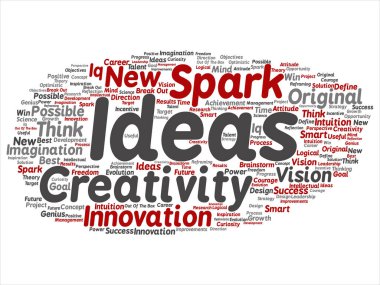 Kavram ya da soyut kelime beyin fırtınası kavramsal yaratıcı yeni bir fikir üzerinde izole arka plan bulut. Spark yaratıcılık, özgün yenilik vizyon, düşünmek, başarı, akıllı dahi metin kolaj