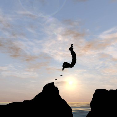 Kavram ya da kavramsal 3d resimde genç adam ya da işadamı siluet atlamak mutlu uçurumun üzerinden su gap gündoğumu veya günbatımı gökyüzü arka plan