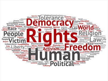 Kavram ya da kavramsal insan hakları siyasi özgürlük, demokrasi soyut kelime bulutu arka plan izole. İnsanlık dünya hoşgörü, hukuk ilkeleri, insanlar adalet ayrımcılık metin kolaj