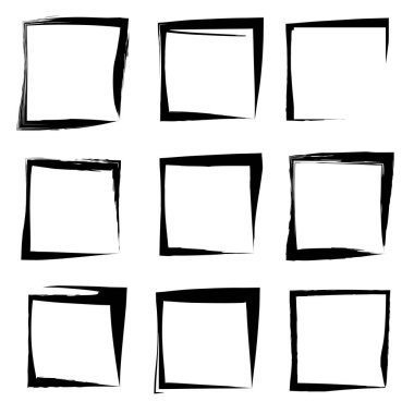 Koleksiyon veya sanatsal siyah boya el kümesi yaratıcı grungy fırça konturu kare kare veya beyaz arka plan üzerinde izole sınırları yaptı. Bir grunge eğitim kroki soyut yaratıcı mürekkep tasarım