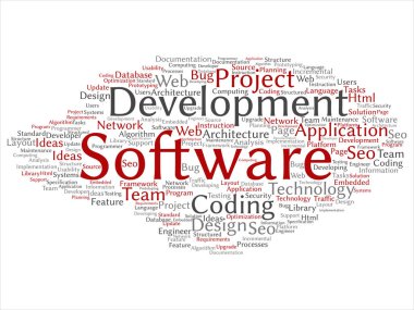 Kavram ya da kavramsal yazılım geliştirme projesi teknoloji soyut kelime bulutu kodlama arka plan izole. Uygulama web tasarım, seo fikir, uygulama, test yükseltme metin kolaj
