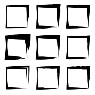 Koleksiyon veya sanatsal siyah boya el kümesi yaratıcı grungy fırça konturu kare kare veya beyaz arka plan üzerinde izole sınırları yaptı. Bir grunge eğitim kroki soyut yaratıcı mürekkep tasarım