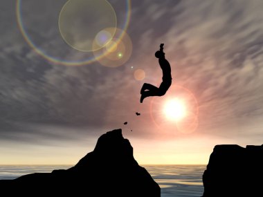 Kavram ya da kavramsal 3d resimde genç adam ya da işadamı siluet atlamak mutlu uçurumun üzerinden su gap gündoğumu veya günbatımı gökyüzü arka plan