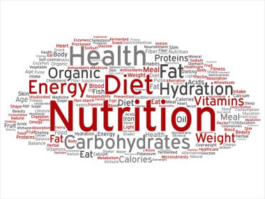 Kavram ya da kavramsal beslenme sağlık diyet soyut kelime izole bulut arka plan. Karbonhidratlar, vitaminler, yağ, ağırlık, enerji, antioksidanlar Güzellik Tıp, mineral, protein metin kolaj
