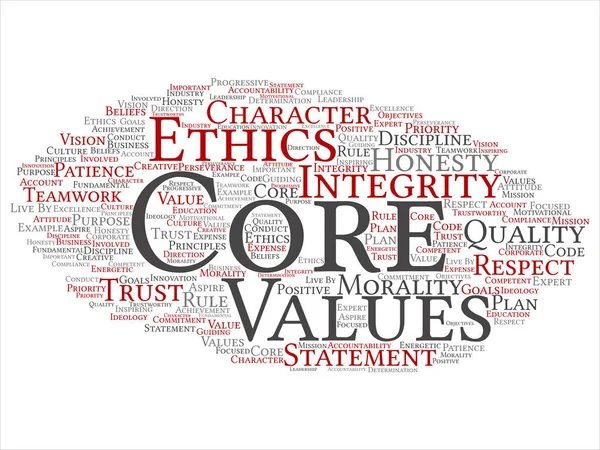 Conceptual core values integrity ethics abstract concept word cloud isolated background. Collage of honesty quality trust, statement, character, important perseverance, respect trustworthy text