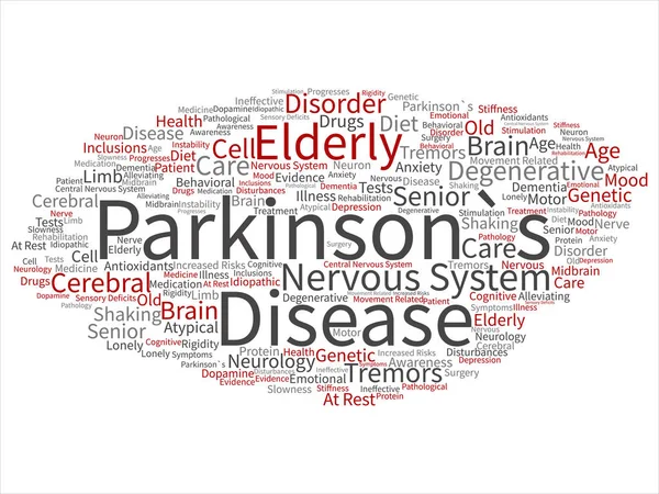 コンセプト概念パーキンソン病医療や神経系障害抽象的な単語はクラウド孤立した背景です 退化的な病気 症状や脳のテキストのコラージュ — ストック写真
