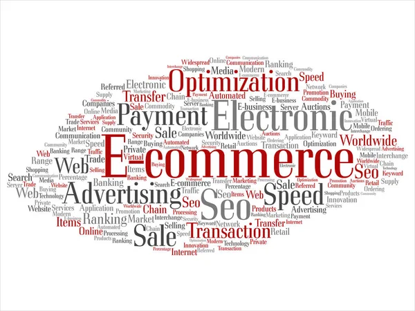 Concept conceptual E-commerce electronic sales abstract word cloud isolated on background metaphor to seo, optimization, transaction, web advertising, e-business, technology, worldwide supply