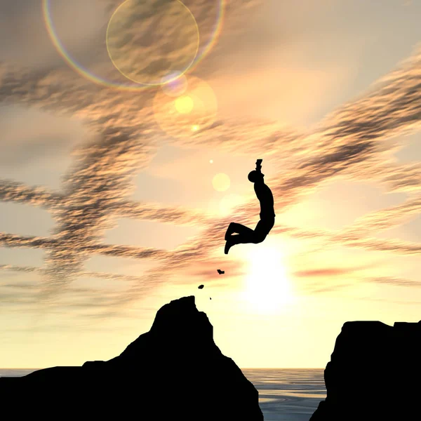 Concept Conceptual Illustration Young Man Businessman Silhouette Jump Happy Cliff — Stock Photo, Image