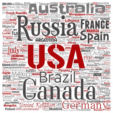 Vektör kavramsal dünya ülke ya da kıta kare kırmızı küresel birlik veya tatil seyahat kelime izole bulut arka plan. Uluslararası ulus coğrafya eğitim veya Turizm konsept tasarımı kolaj