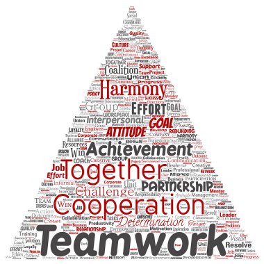 Vektör kavramsal ekip çalışması yönetimi üçgen ok kırmızı ortaklık fikri, arka plan başarı hedefi kelime bulutu izole. Kolaj iş stratejisi, işbirliği çözüm ya da takım kavramı tasarım grubu