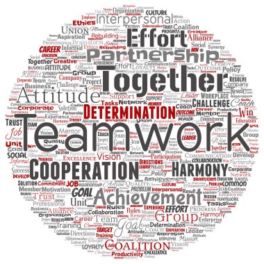 Vektör kavramsal ekip çalışması yönetimi yuvarlak daire kırmızı ortaklık fikri, başarı hedefi word cloud izole arka plan. Kolaj bir iş stratejisi olarak grup işbirliği çözüm ya da takım konsept tasarımı