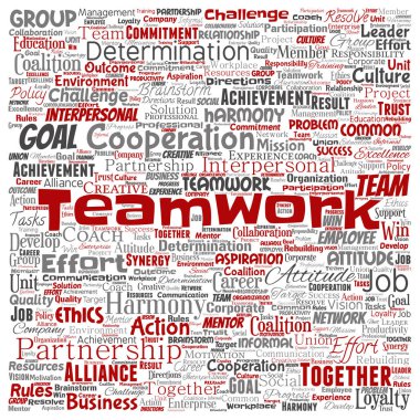 Kavramsal ekip çalışması yönetimi kare kırmızı ortaklık fikri veya başarı hedef sözcük vektör izole arka plan bulut. Kolaj bir iş stratejisi olarak grup işbirliği çözüm ya da takım konsept tasarımı