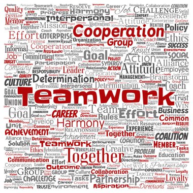 Kavramsal ekip çalışması yönetimi kare kırmızı ortaklık fikri veya başarı hedef sözcük vektör izole arka plan bulut. Kolaj bir iş stratejisi olarak grup işbirliği çözüm ya da takım konsept tasarımı