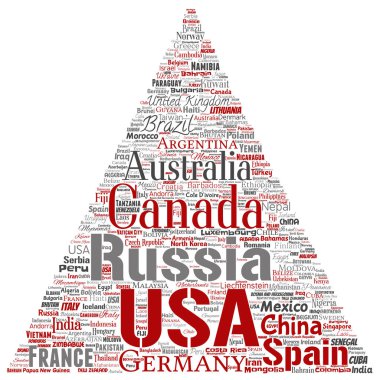 Vektör kavramsal dünya ülke ya da kıta üçgen kırmızı ok küresel birlik, tatil seyahat kelime bulutu arka plan izole. Uluslararası ulus coğrafya eğitim veya Turizm kavramı kolaj