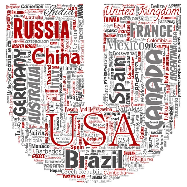 矢量概念世界国家或大陆字母字体红色全球统一 度假旅游文字云孤立的背景 国际国家地理教育或旅游理念的拼贴 — 图库矢量图片