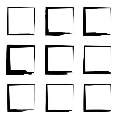 Koleksiyon veya sanatsal siyah boya el kümesi yaratıcı grungy fırça konturu kare kare veya beyaz arka plan üzerinde izole sınırları yaptı. Bir grunge eğitim kroki soyut yaratıcı mürekkep tasarım