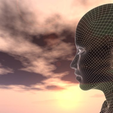 Kavram ya da kavramsal 3d illüstrasyon soyut tel kafes genç insan erkek ya da kadın kafası, günbatımı gökyüzü arka plan