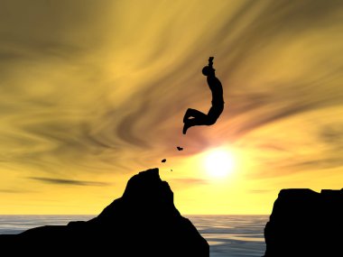 Kavram ya da kavramsal 3d resimde genç adam ya da işadamı siluet atlamak mutlu uçurumun üzerinden su gap gündoğumu veya günbatımı gökyüzü arka plan