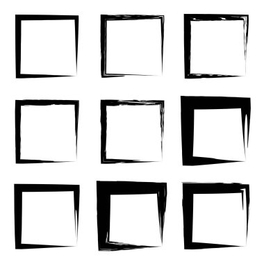 Koleksiyon veya sanatsal siyah boya el kümesi yaratıcı grungy fırça konturu kare kare veya beyaz arka plan üzerinde izole sınırları yaptı. Bir grunge eğitim kroki soyut yaratıcı mürekkep tasarım