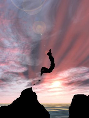 Kavram ya da kavramsal 3d resimde genç adam ya da işadamı siluet atlamak mutlu uçurumun üzerinden su gap gündoğumu veya günbatımı gökyüzü arka plan