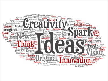 Arka plan metafor kıvılcım, yaratıcılık, orijinal, yenilik, vizyon, düşünmek, başarı, akıllı dahi üzerinde genel kavram ya da kavramsal yaratıcı yeni fikirler ya da kelime bulutu beyin fırtınası izole