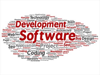 Kavram ya da kavramsal yazılım geliştirme projesi teknoloji soyut kelime bulutu kodlama arka plan izole. Uygulama web tasarım, seo fikir, uygulama, test yükseltme metin kolaj