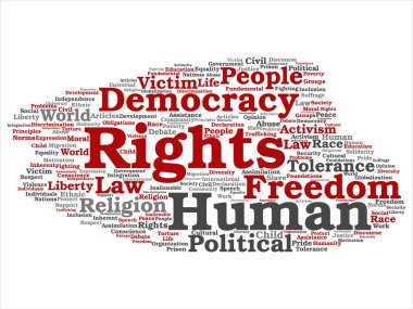 Kavram ya da kavramsal insan hakları siyasi özgürlük, demokrasi soyut kelime bulutu arka plan izole. İnsanlık dünya hoşgörü, hukuk ilkeleri, insanlar adalet ayrımcılık metin kolaj