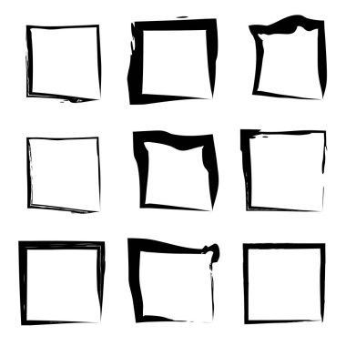 Koleksiyon veya sanatsal siyah boya el kümesi yaratıcı grungy fırça konturu kare kare veya beyaz arka plan üzerinde izole sınırları yaptı. Bir grunge eğitim kroki soyut yaratıcı mürekkep tasarım