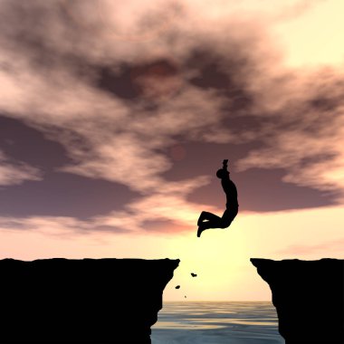 Kavram ya da kavramsal 3d resimde genç adam ya da işadamı siluet atlamak mutlu uçurumun üzerinden su gap gündoğumu veya günbatımı gökyüzü arka plan