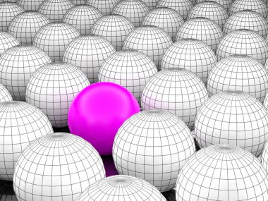 Kavram ya da kavramsal 3d resimde tel kafes siyah beyaz grup küreler veya kalabalık arka plan dışında özel bir farklı bir konumu olan topları