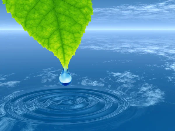 Concept or conceptual clean spring water or dew drop falling from a green fresh leaf on 3D illustration blue clear water making waves