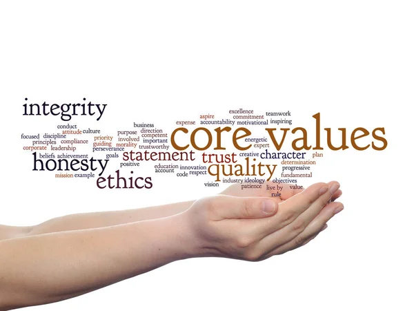 Conceptual core values integrity ethics abstract concept word cloud in hands isolated on background